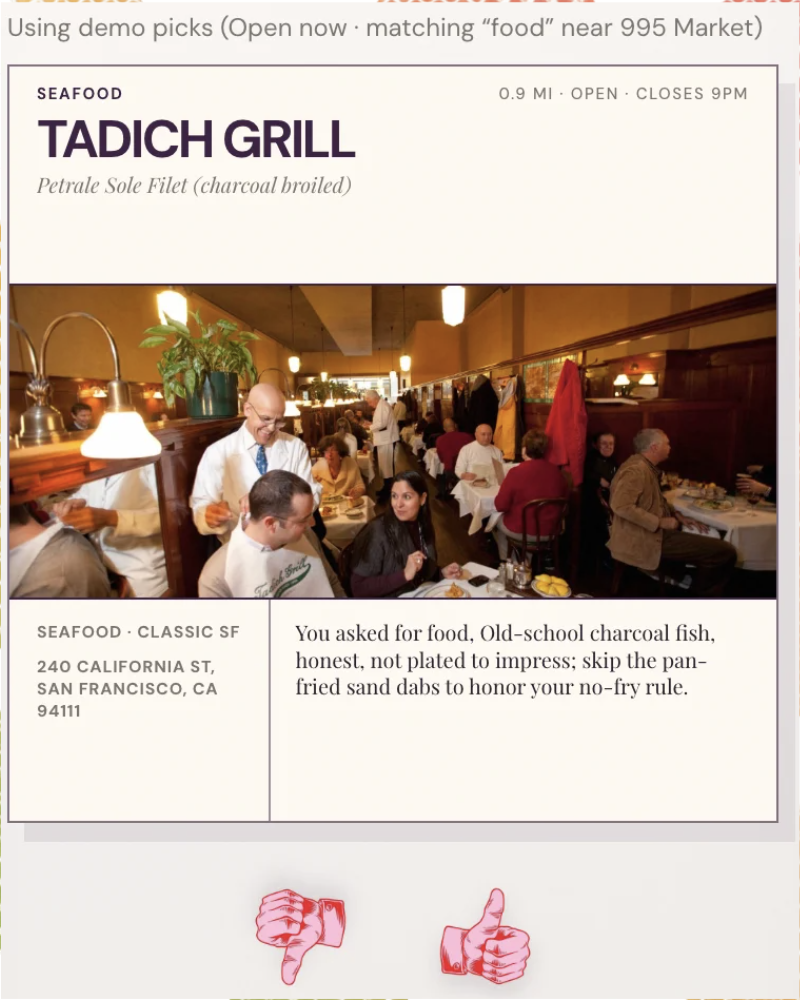 Example PlateTale restaurant recommendation card