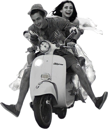 A couple laughing on a scooter