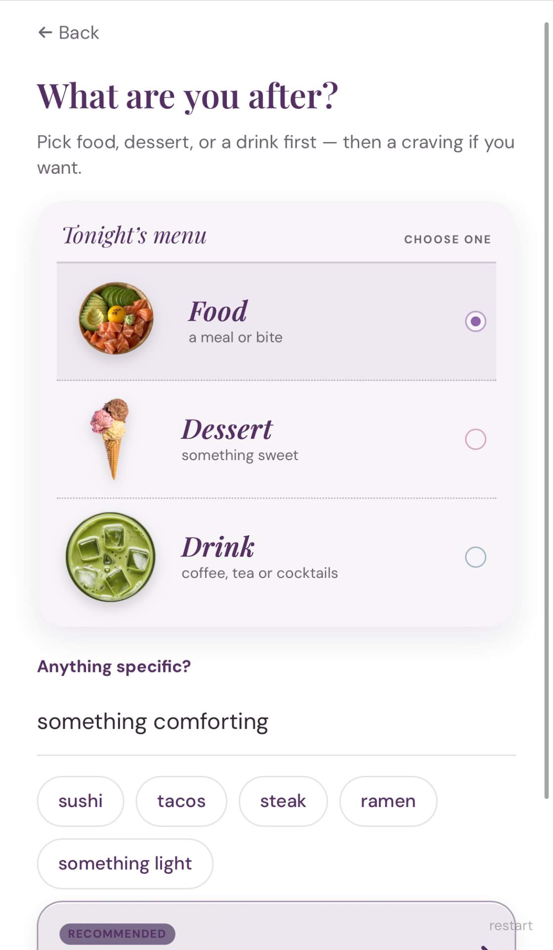 PlateTale asking what you're after, with food, dessert and drink options